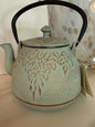 Mint Green Leaves Design 32oz Cast Iron Tea Pot